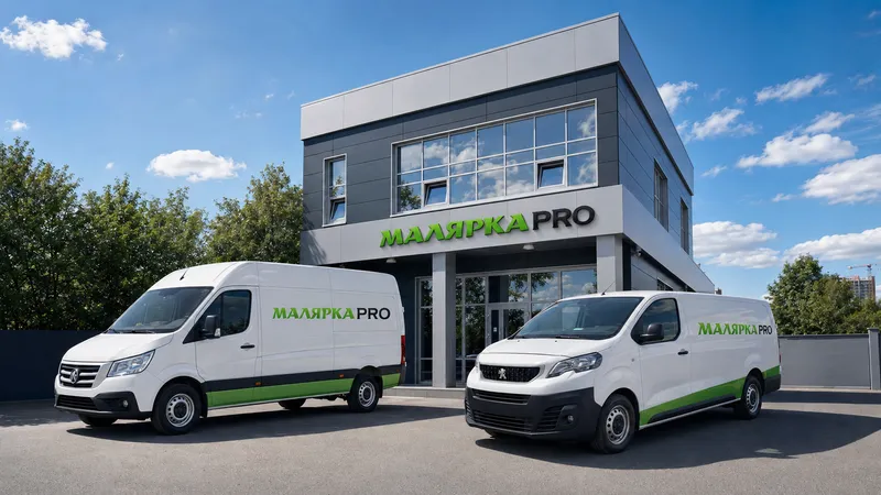 Брендированные фургоны Малярка PRO у здания компании